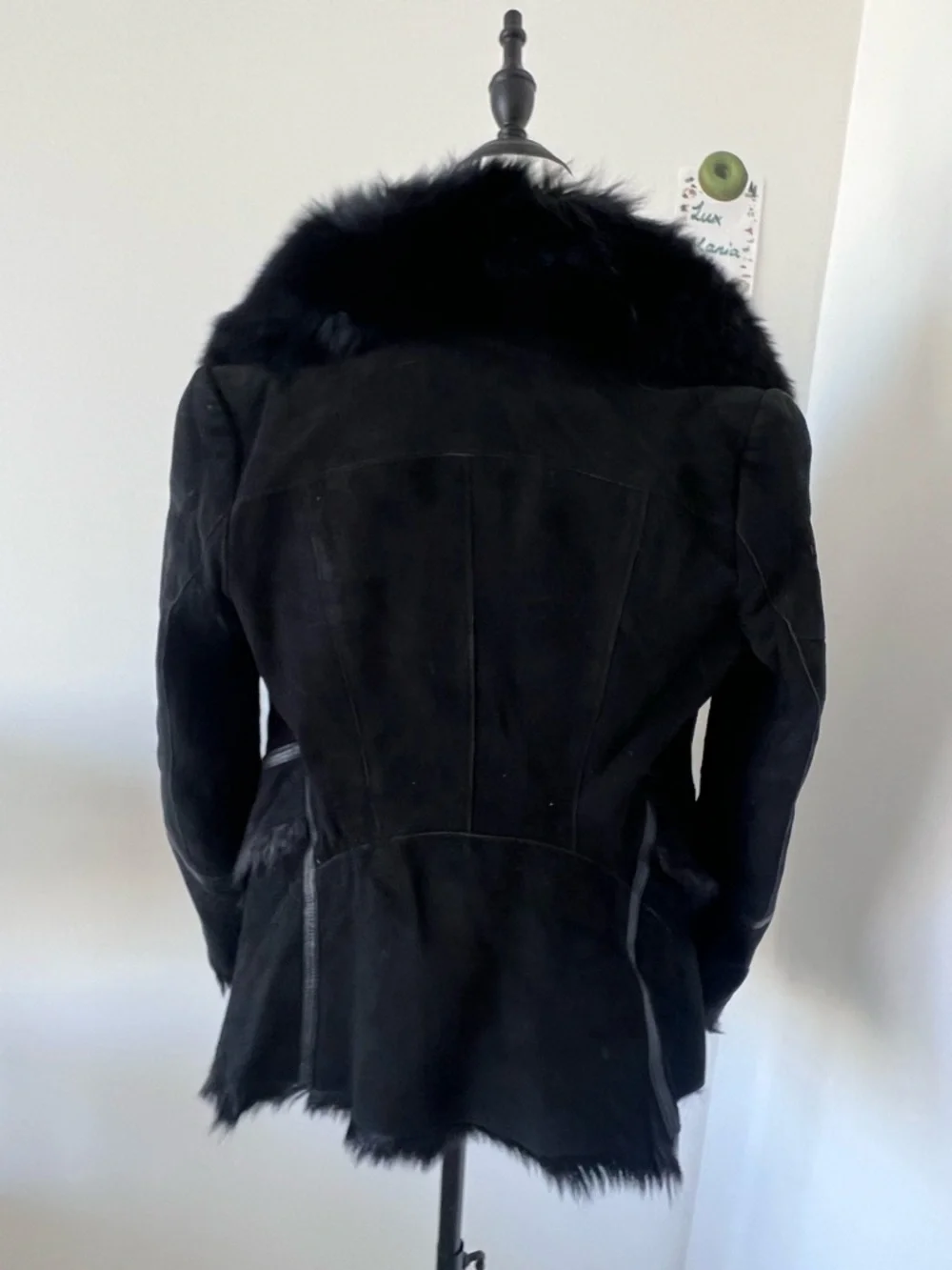 Black Real Suede Lamb Leather w Fox Fur Collar Moto Jacket XS - Picture 8 of 15